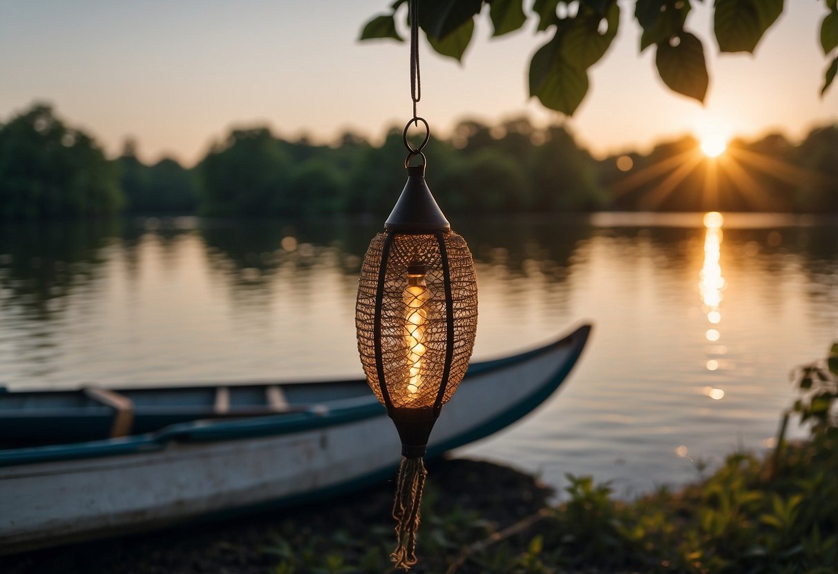 A bug zapper hangs from a tree near a canoe. Insects buzz around as the sun sets over a calm river