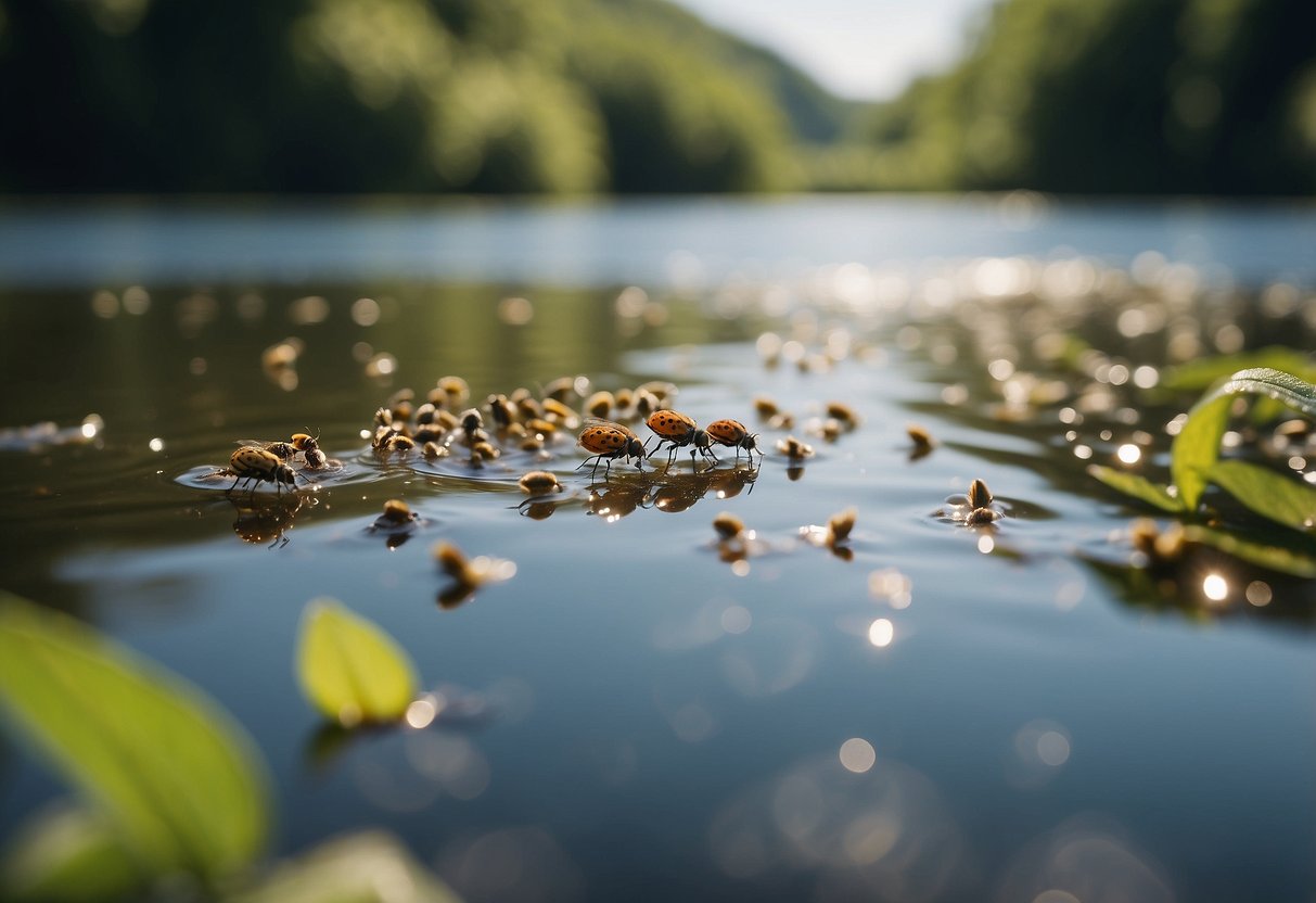 Insects swarm around a calm river, landing on the water's surface and nearby plants. A paddler navigates through the insects, using gentle movements to avoid disturbing them