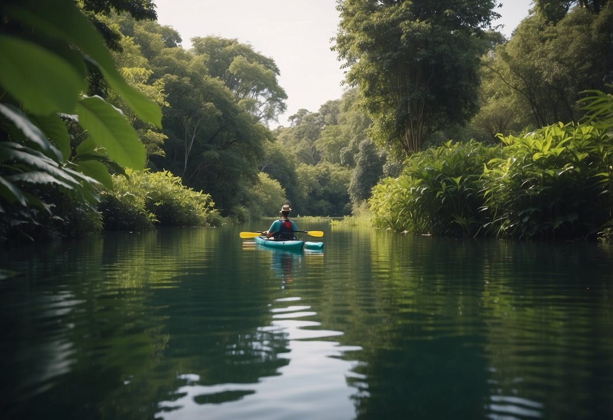 A kayak floats on calm water surrounded by lush greenery. Insects hover over the surface, while a paddle rests across the boat