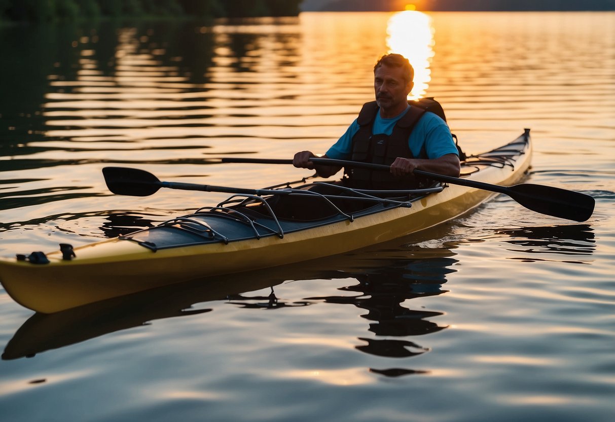 Paddler swats at buzzing insects, adjusts gear, and checks surroundings for more pests. Water ripples around the kayak as the sun sets on the calm lake