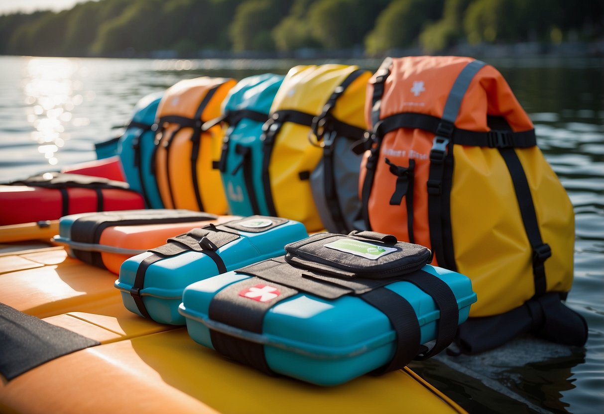 A colorful array of compact first aid kits arranged on a kayak deck, with paddles and life jackets in the background