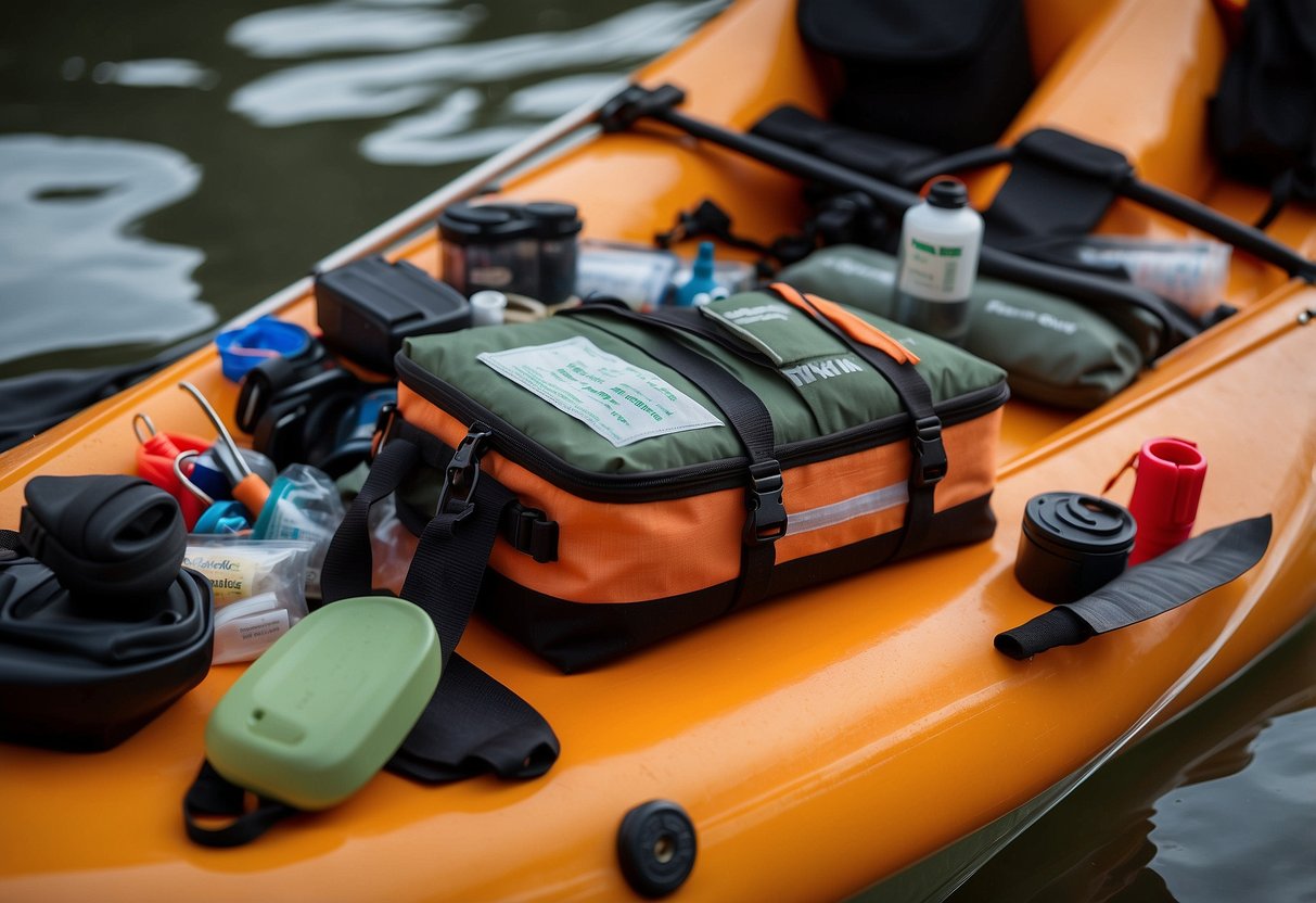 A small first aid kit sits on a kayak, surrounded by paddling gear. The kit is open, revealing neatly organized medical supplies