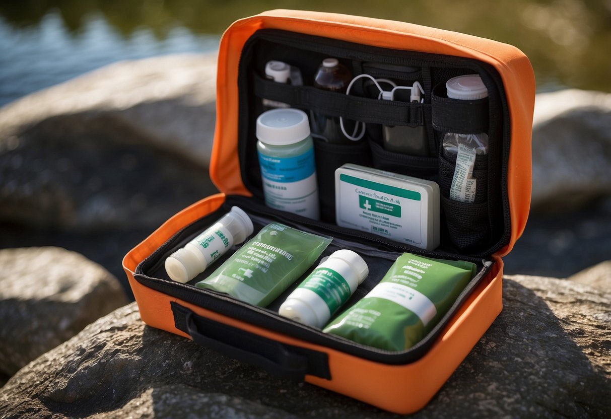 A compact first aid kit with essential supplies for paddling activities. Contains bandages, antiseptic wipes, and other medical items