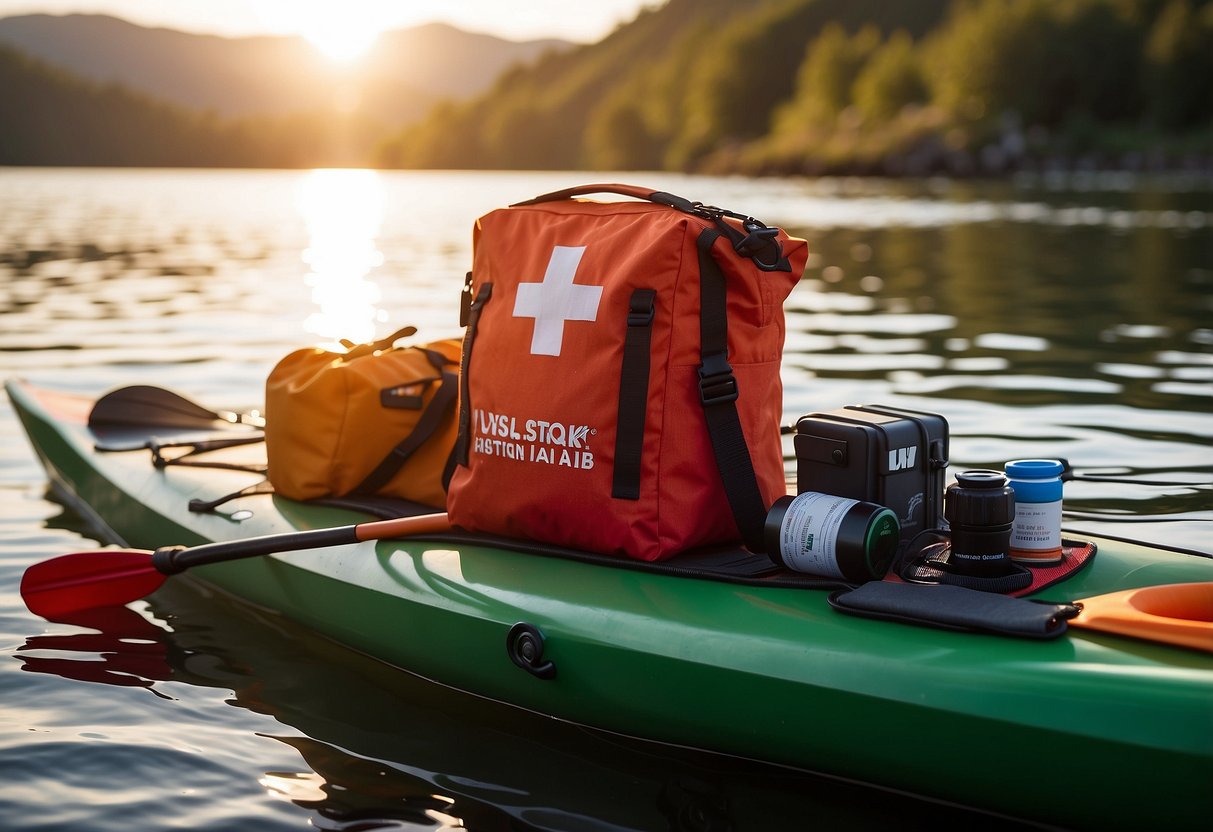 A compact VSSL First Aid Mini kit rests on a kayak deck, surrounded by paddling gear. The sun glints off the water, highlighting the kit's lightweight and essential nature