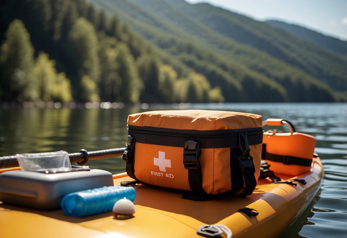 A compact first aid kit sits on a kayak deck, with a paddle and life jacket nearby. The sun shines on the water, and a serene landscape stretches out in the background