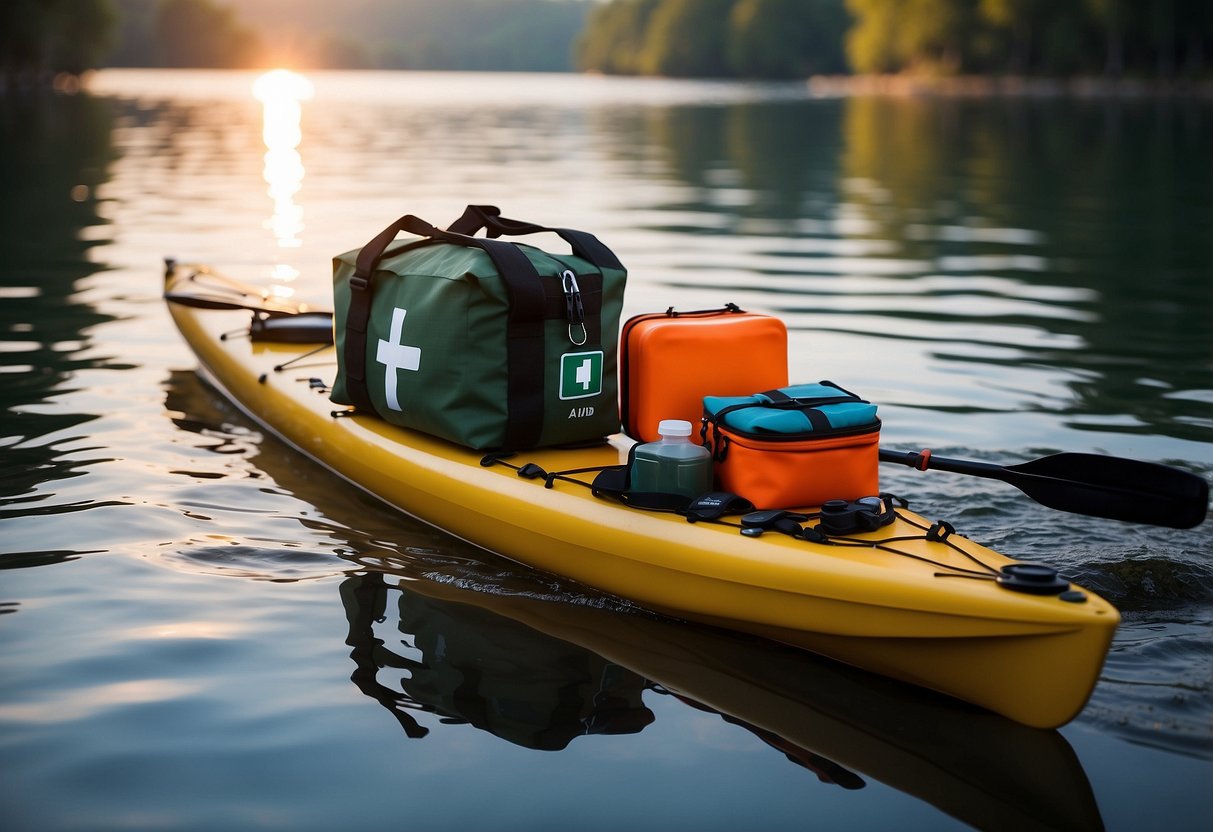 A compact first aid kit sits atop a kayak, surrounded by water and paddling gear. Its lightweight design is emphasized, with essential supplies neatly organized for easy access in an emergency