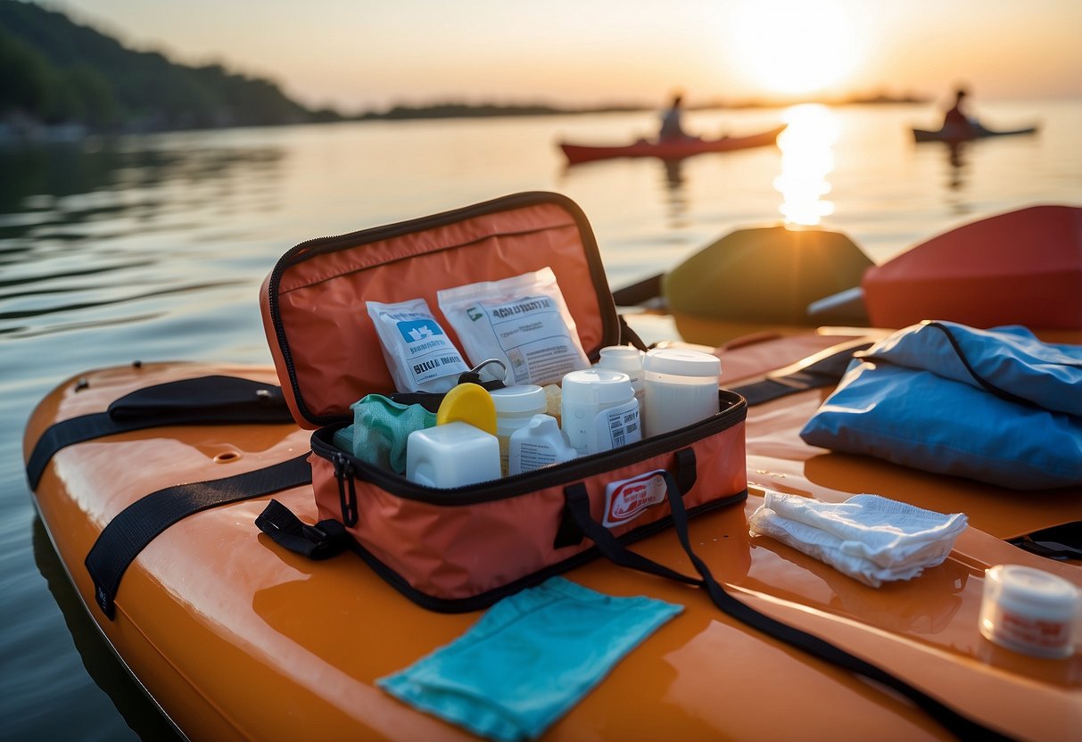 A compact first aid kit open on a kayak deck, with items like bandages, antiseptic wipes, and a whistle visible. A paddle and life jacket are nearby