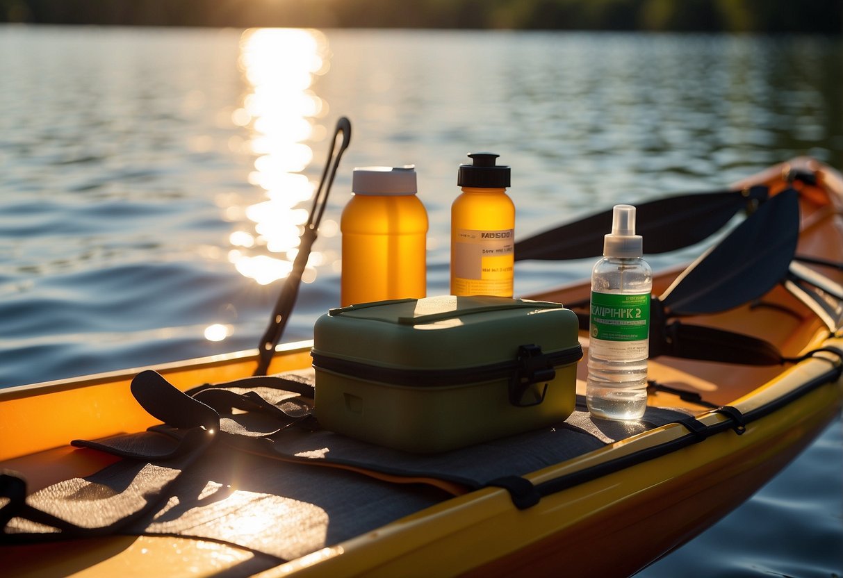 A compact first aid kit sits on a kayak, next to a paddle and water bottle. The sun shines on the water in the background