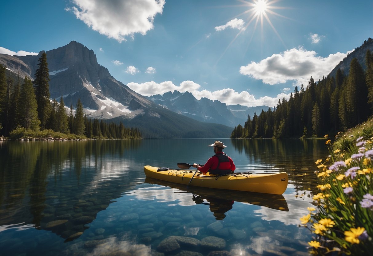 Crystal-clear lakes reflect towering snow-capped peaks, surrounded by lush green forests and vibrant wildflowers. A kayaker peacefully glides through the serene waters, taking in the breathtaking alpine scenery