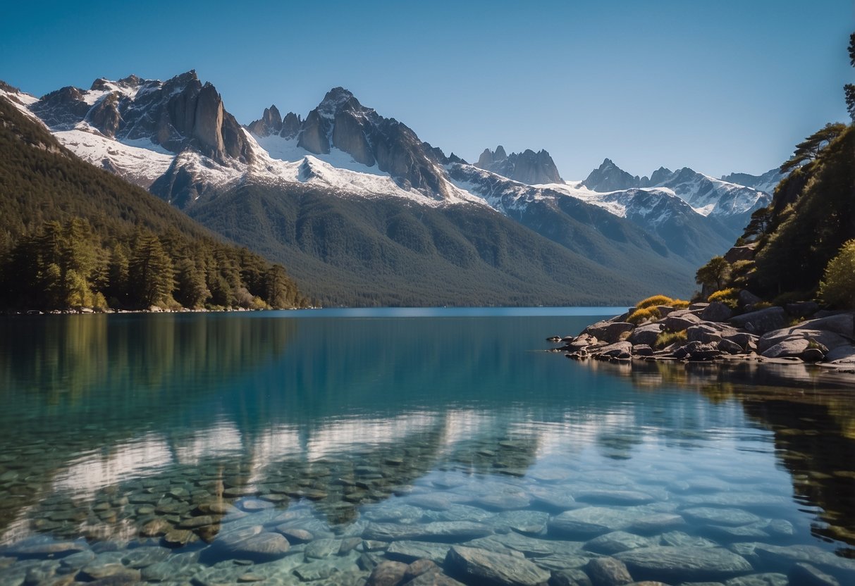 Crystal-clear lakes surrounded by snow-capped peaks, with kayaks gliding through the pristine waters of Bariloche, Argentina's alpine paddling routes