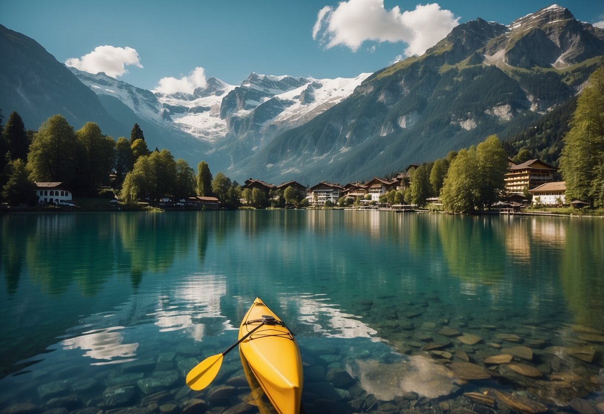 Crystal-clear alpine lakes surrounded by snow-capped mountains and lush greenery, with kayaks and canoes gliding through the serene waters of Interlaken, Switzerland