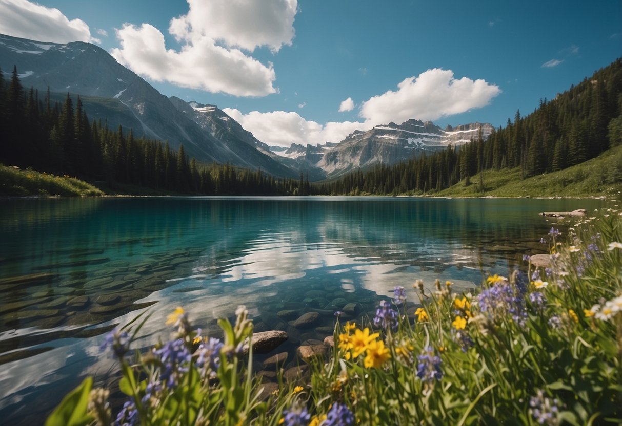 Crystal-clear lakes surrounded by snow-capped mountains, with kayaks and canoes gliding through serene waters. Lush greenery and vibrant wildflowers dot the landscape