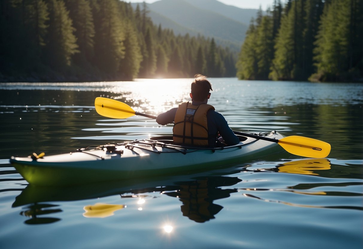 A kayak glides through calm waters, a map and compass held steady. Sunlight reflects off the surface as the paddler confidently navigates their way