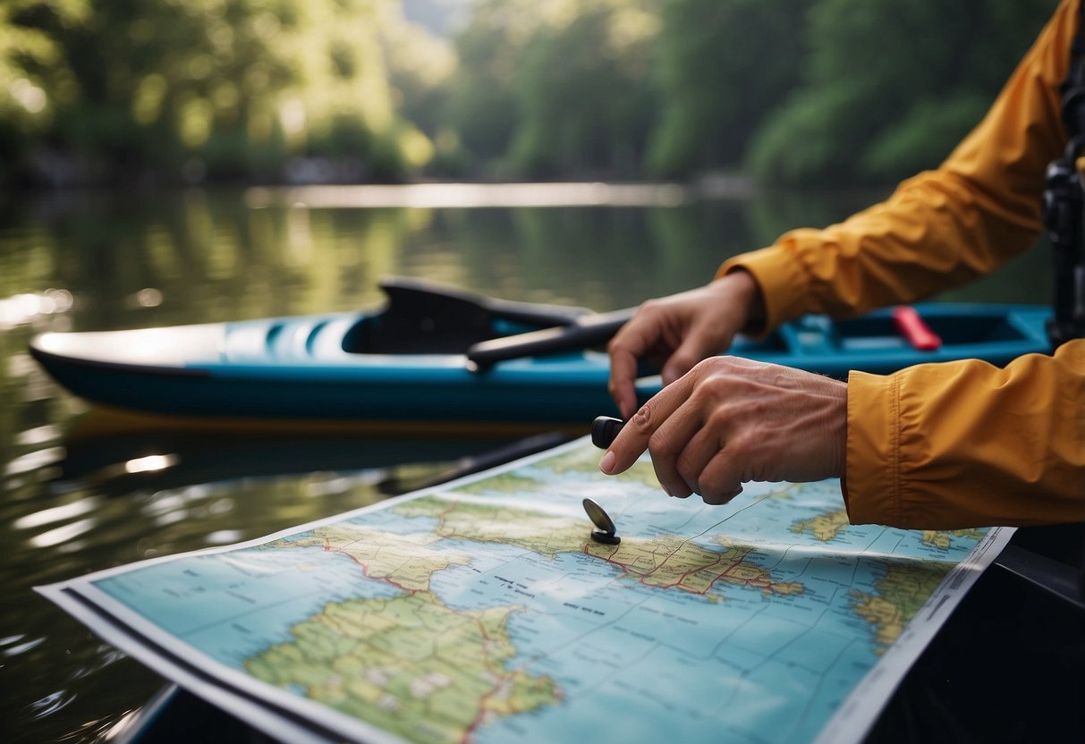 A paddler holds a detailed map while navigating with a compass in a serene waterway