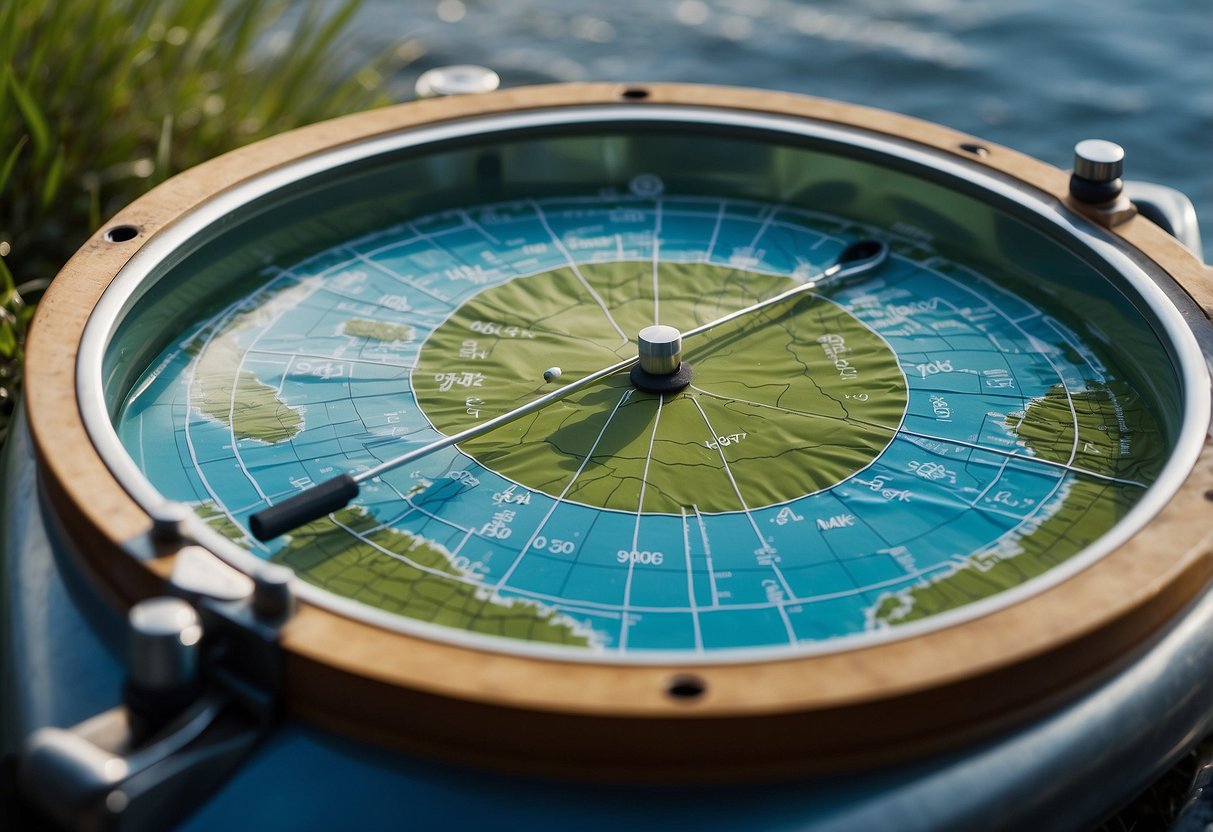 A topographic map with symbols, compass, and paddle on a kayak. Blue water and green land are depicted