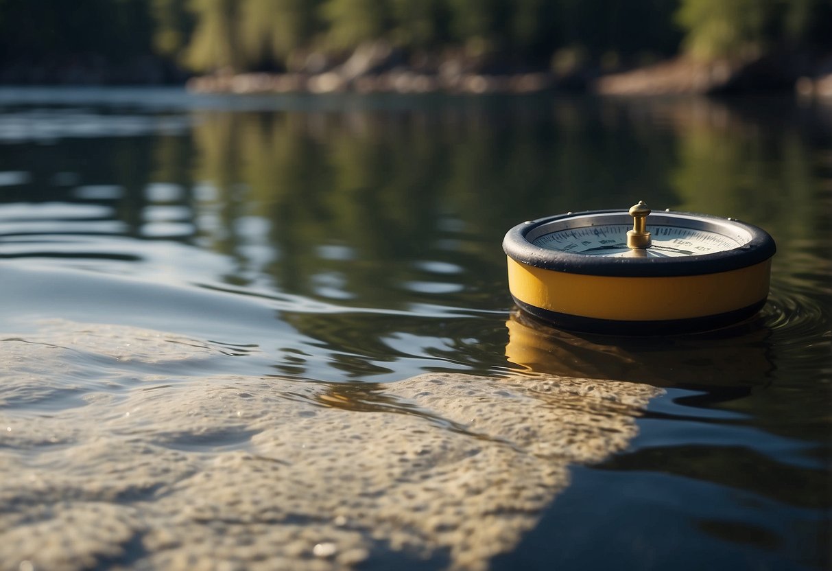 A paddle moving through water, with a map and compass visible in the foreground. A trail of ripples behind the paddle indicates progress