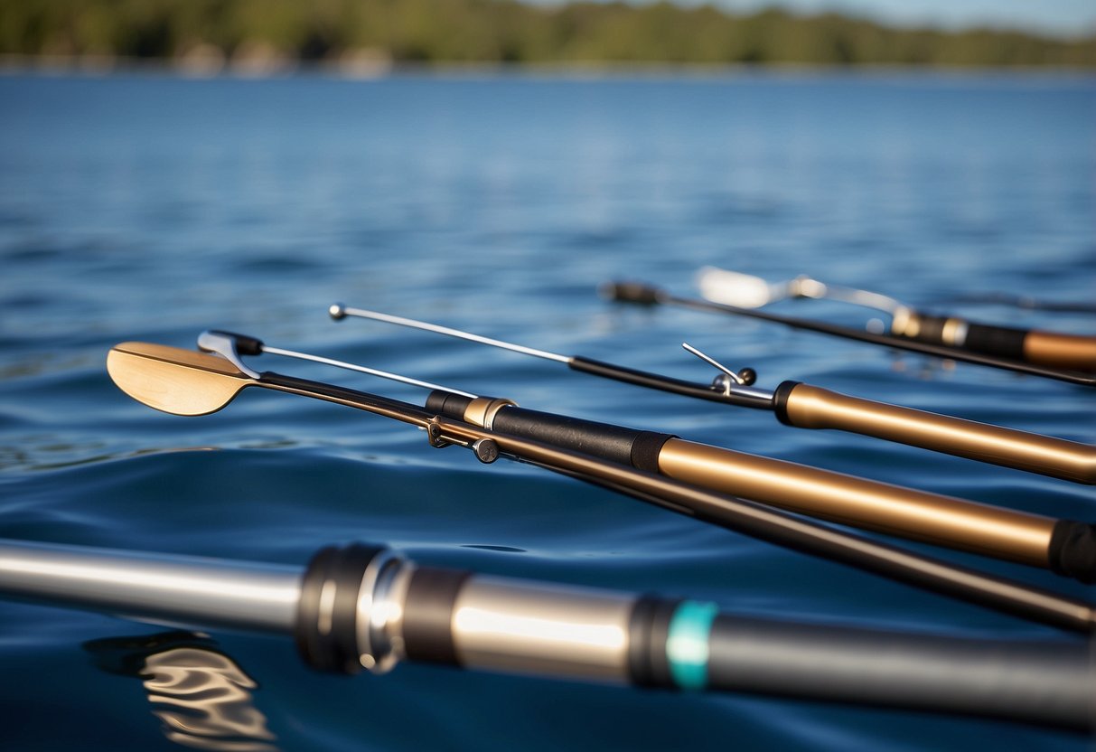 Five sleek paddling rods arranged against a backdrop of calm water and a clear blue sky, with a gentle breeze causing ripples on the surface