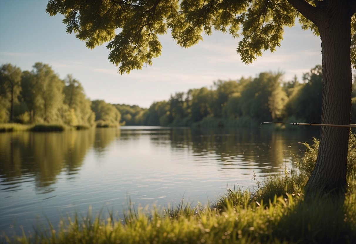 A tranquil riverbank with a small, lightweight spinning rod leaning against a tree. The water is calm, and the surrounding scenery is peaceful