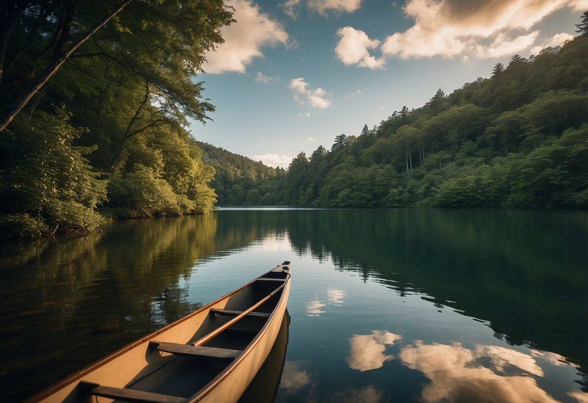 A serene lake surrounded by lush greenery, with a single Abu Garcia IKE Signature Series lightweight paddling rod resting against a canoe