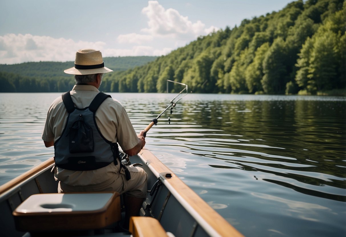 A serene lake with calm waters, surrounded by lush greenery. A small boat glides across the surface, with a fisherman holding a St. Croix Avid Panfish Series 5 lightweight paddling rod, ready to catch some panfish