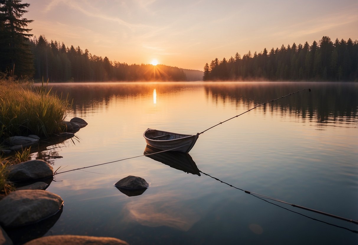 A serene lake at sunrise, with a lone fishing rod resting on the shore. The water is calm, reflecting the soft pink and orange hues of the sky