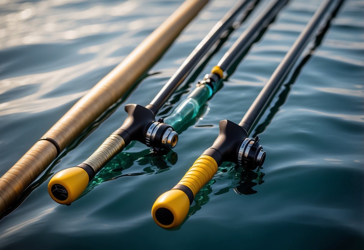 Five sleek paddling rods, neatly lined against a backdrop of calm, glistening waters. Each rod is carefully maintained and ready for use, showcasing their lightweight and durable design