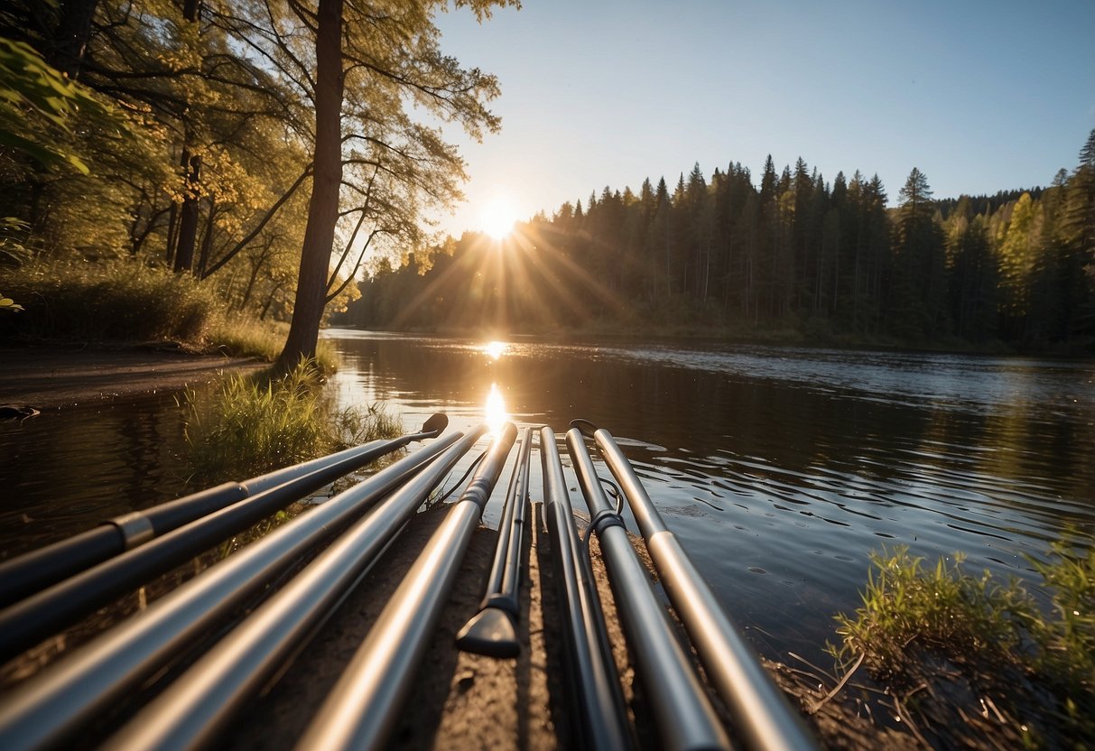 Five lightweight paddling rods displayed on a rack, with a scenic river and forest background. Sunshine glints off the polished rods, highlighting their sleek design