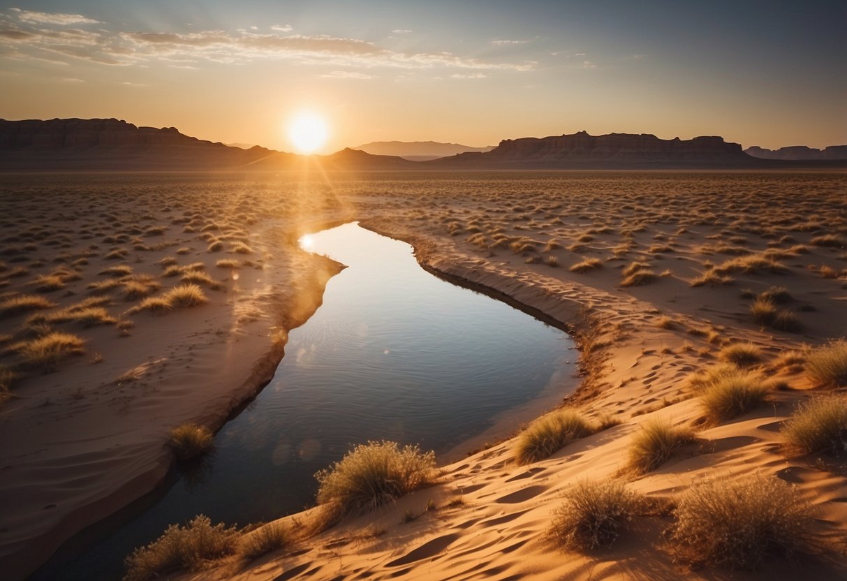 A calm river winds through a vast desert landscape, surrounded by towering sand dunes and rocky cliffs. The sun sets in the distance, casting a warm glow over the tranquil water