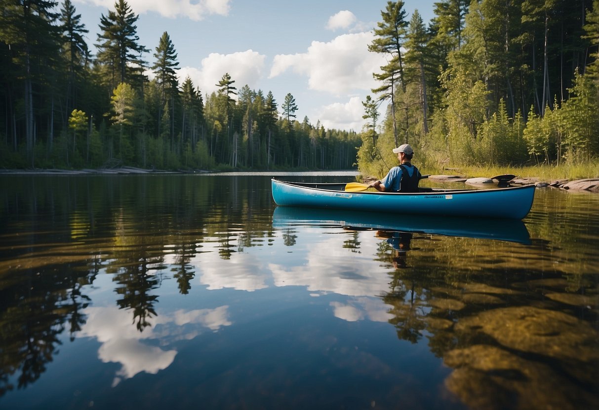 Clear blue waters reflect the lush greenery of Boundary Waters, Minnesota. Canoes and kayaks glide peacefully through the serene landscape