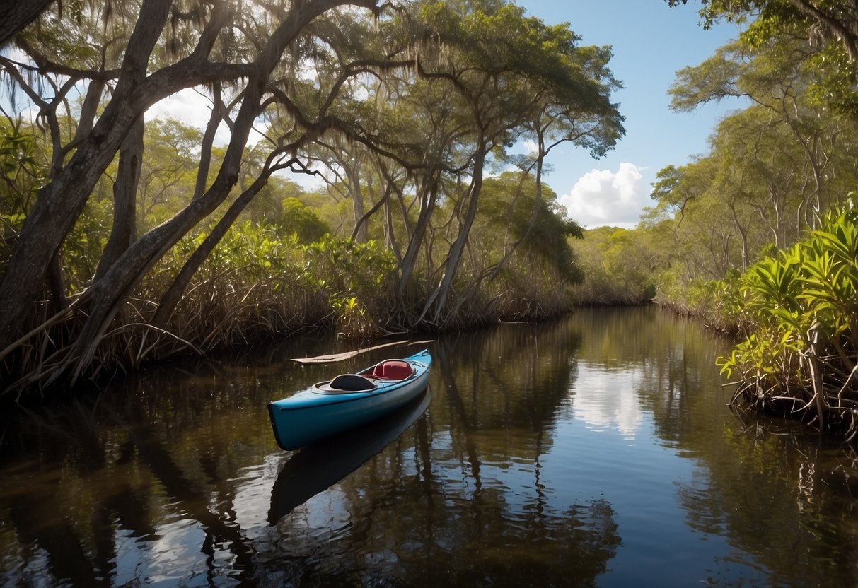 Mangrove-lined waterway in Everglades Nat'l Park, FL. Kayaks and canoes glide through calm, reflective waters. Wildlife and lush vegetation surround