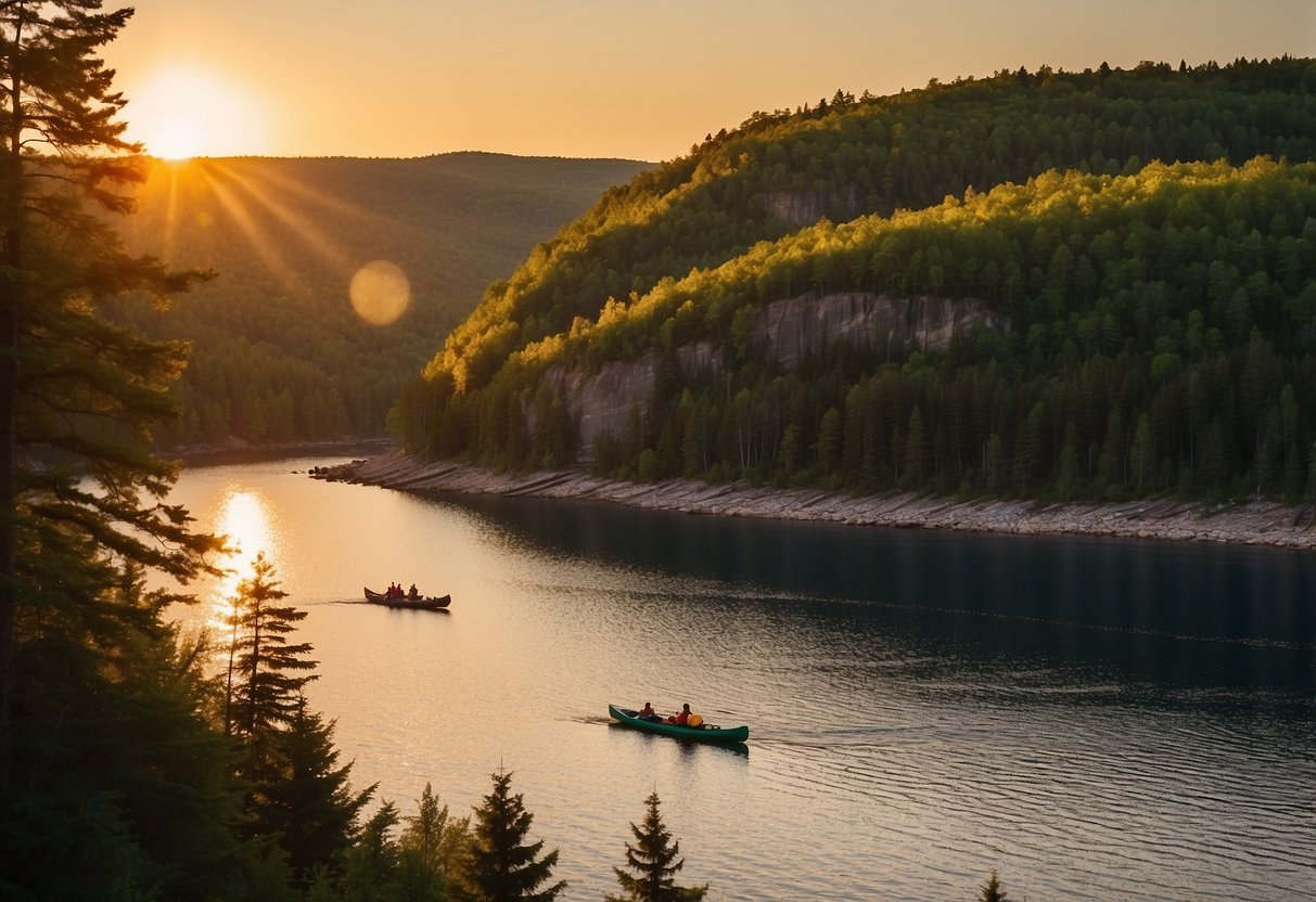 The sun sets over Lake Superior, casting a golden glow on the calm waters. Canoes and kayaks glide along the shoreline, surrounded by towering cliffs and lush green forests