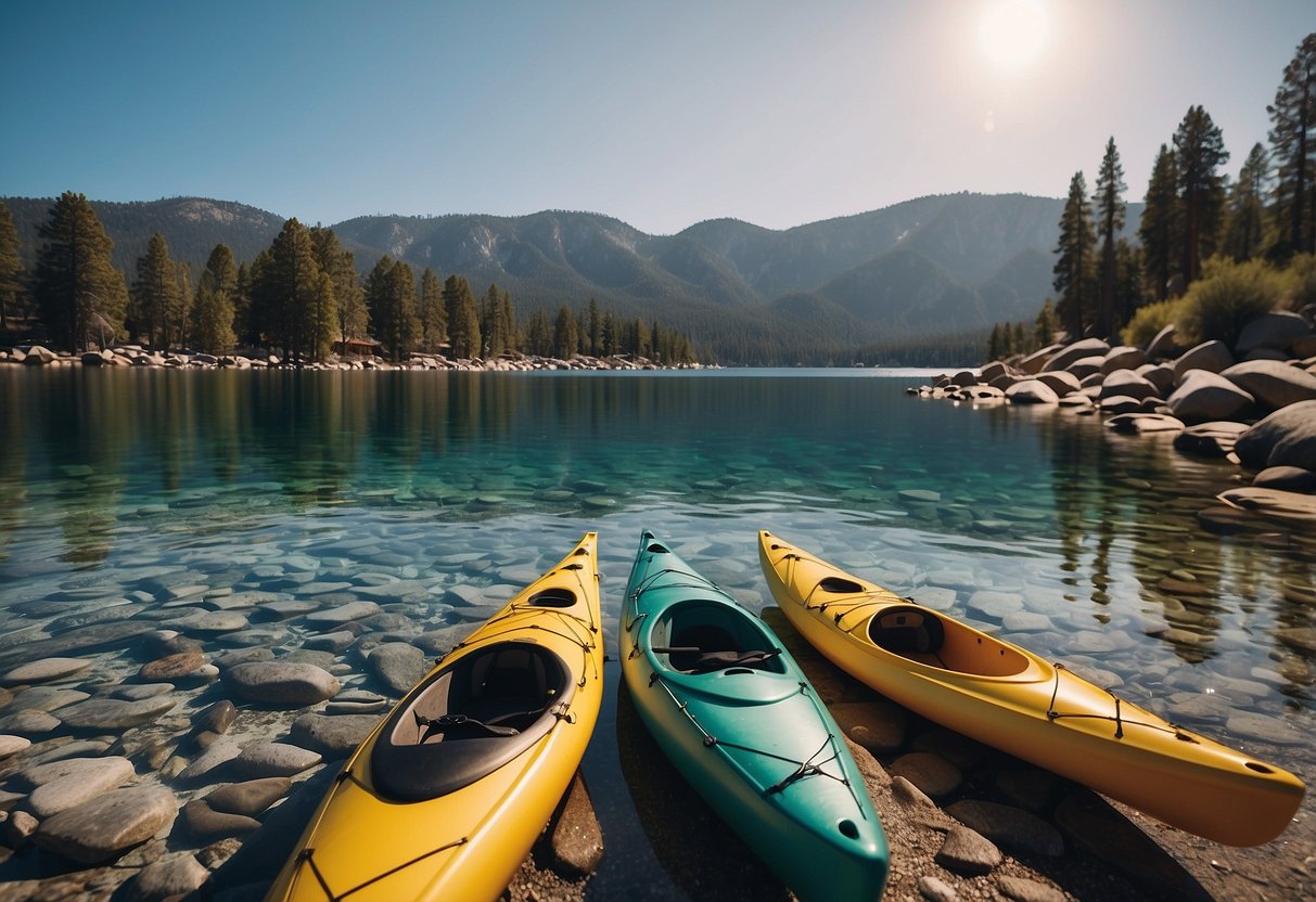 Crystal clear waters of Lake Tahoe reflect the surrounding mountains as kayaks and canoes glide through serene desert routes