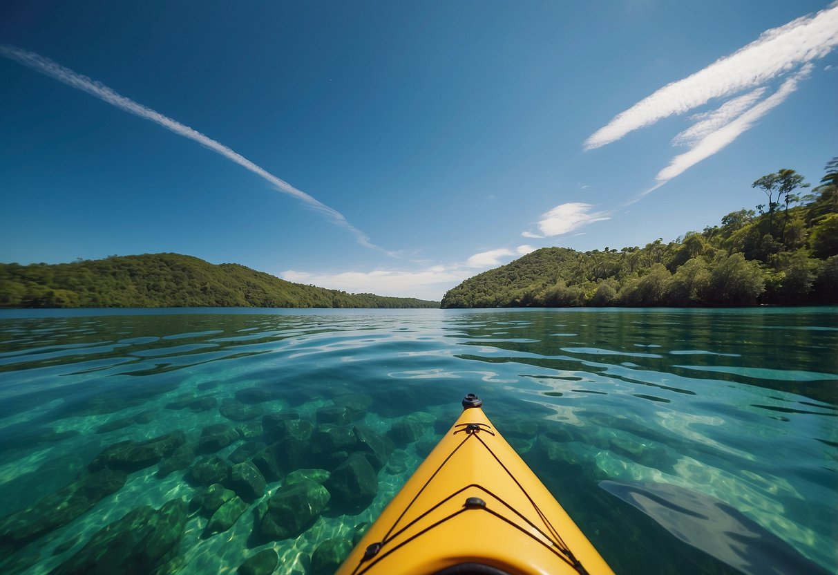 Crystal clear waters surround lush green islands, with kayaks and canoes gliding through calm channels under a bright blue sky