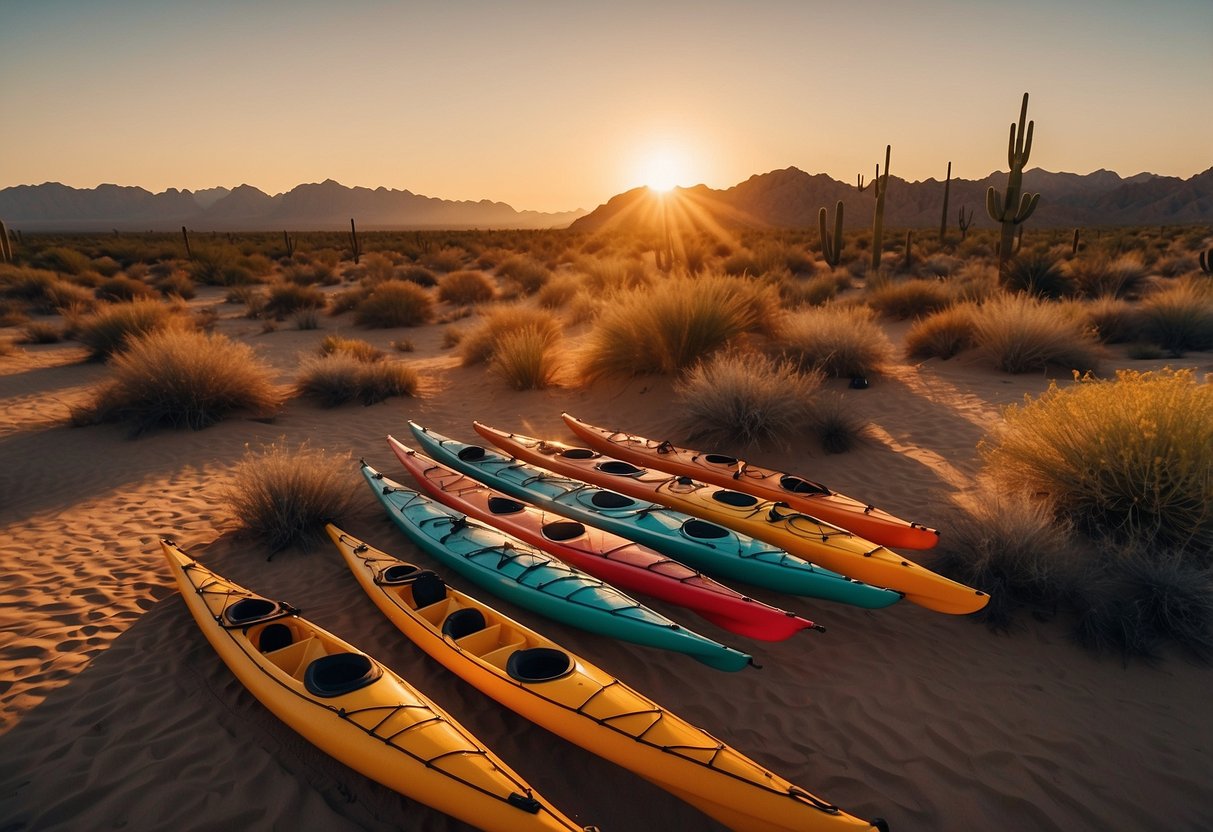 A group loads kayaks and canoes onto a trailer, surrounded by desert dunes and cacti. The sun is setting, casting a warm orange glow over the scene