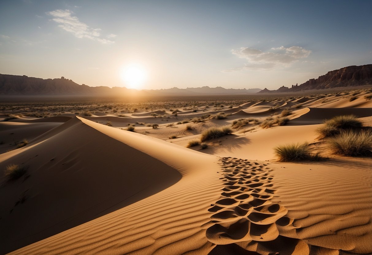 A serene desert landscape with winding rivers and towering sand dunes, showcasing the fragile balance between human recreation and preserving the natural environment