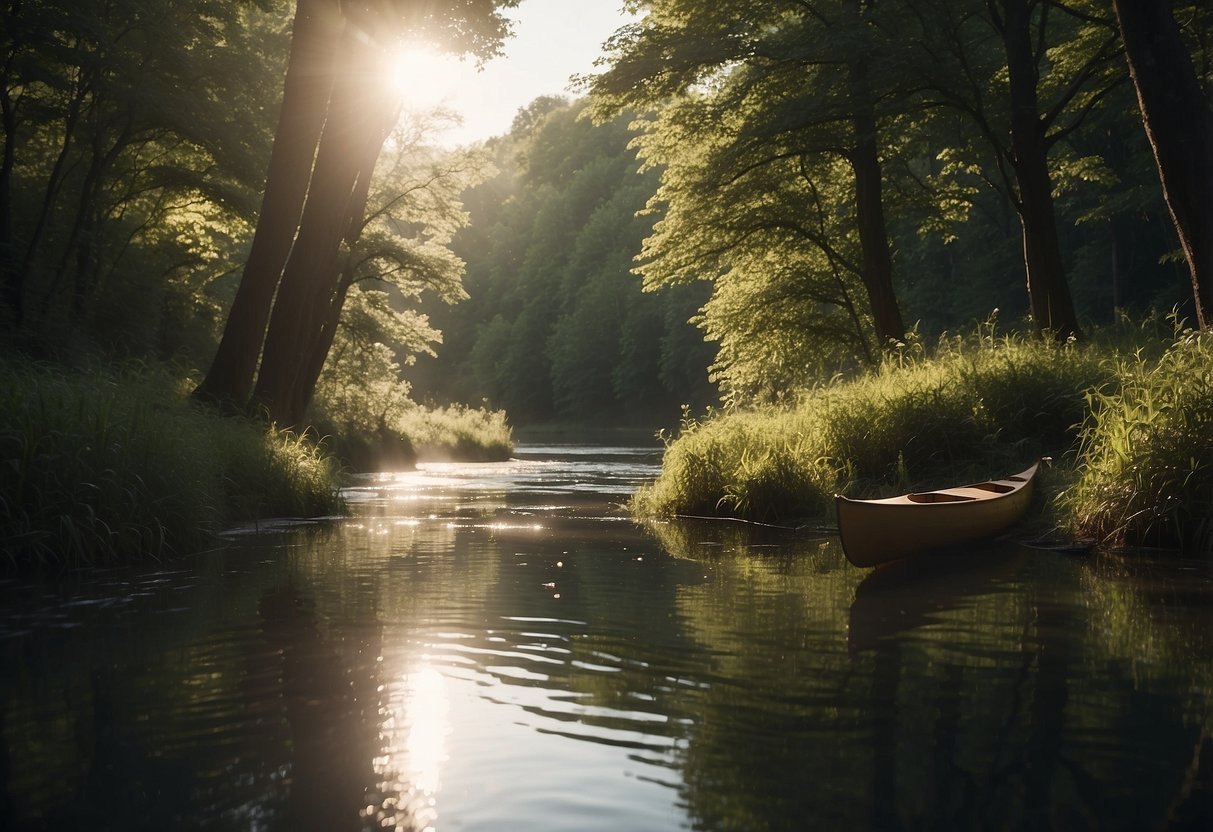 A serene river flows through a lush forest, with a canoe gliding peacefully on the water. The sun shines through the trees, casting a warm glow on the scene