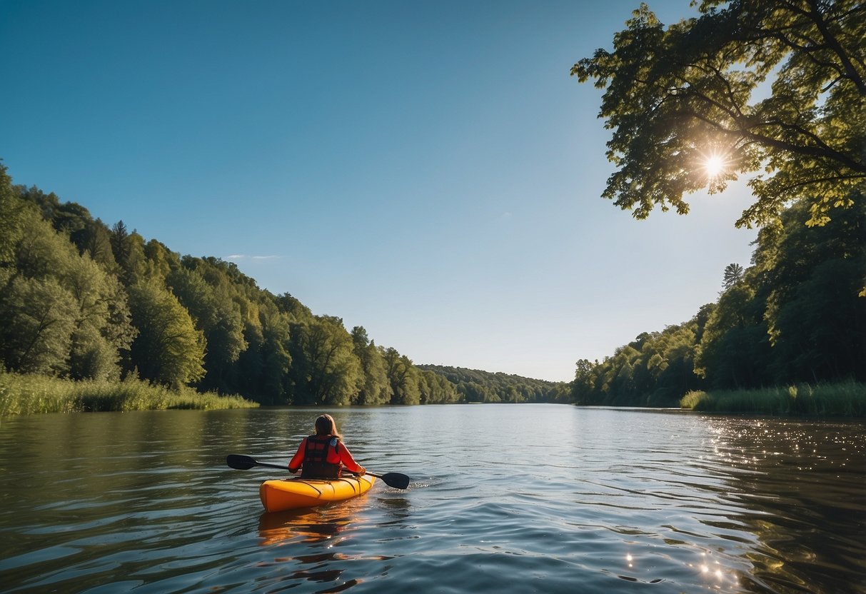 A person wearing a life jacket while paddling in a calm river, surrounded by lush green trees and clear blue skies