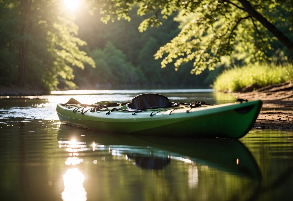 A kayak sits on a calm riverbank, surrounded by lush green trees. A water bottle and a map are placed nearby, with the sun shining overhead