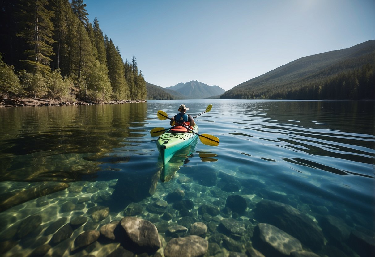 A kayak glides through calm waters, surrounded by lush greenery and clear blue skies. A map and compass lay on the deck, highlighting the importance of planning ahead for a smooth paddling trip