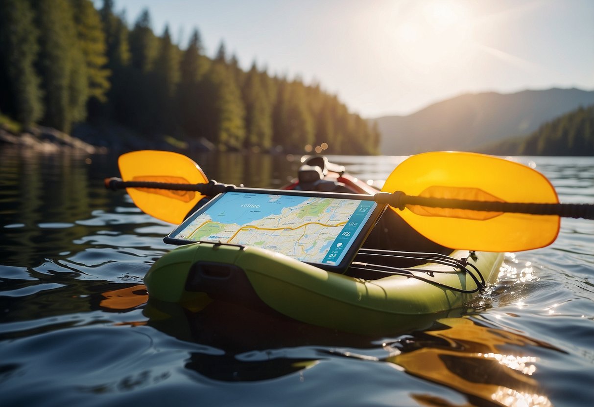 A hand holds a map and GPS device, surrounded by a kayak, paddle, life jacket, and water. The sun shines overhead, creating a serene and peaceful atmosphere for a paddling trip