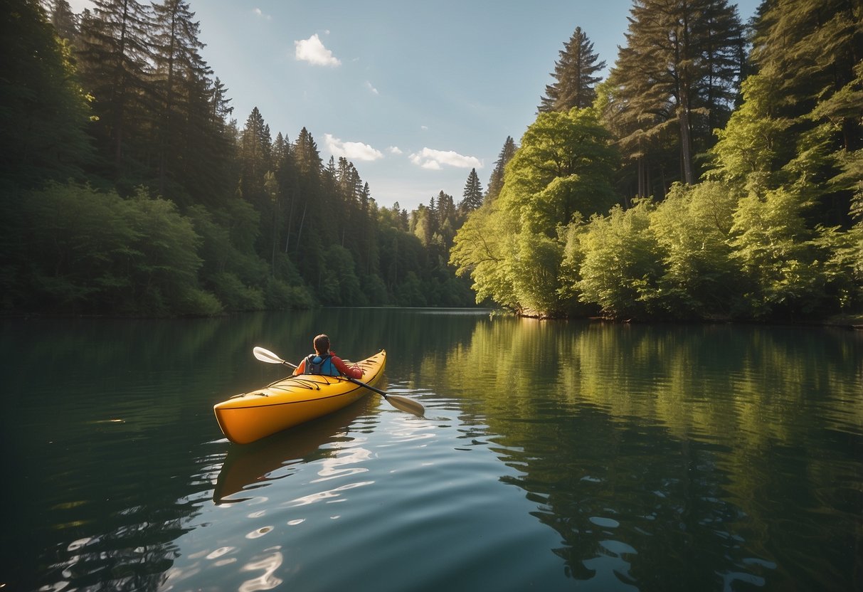 A calm lake surrounded by lush green trees, with a colorful kayak gliding smoothly through the water. The sun is shining, creating a warm and inviting atmosphere for a peaceful paddling trip