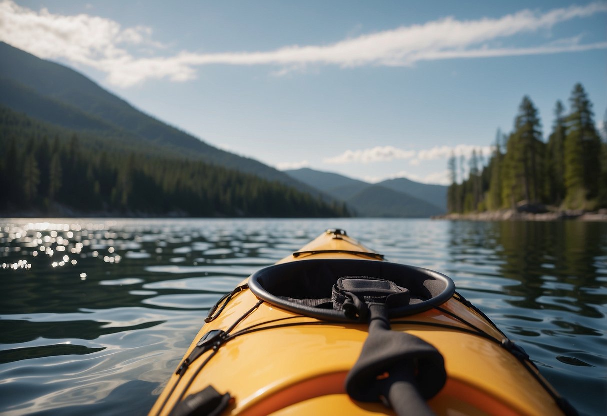 A kayak on calm water, with a hydration pack strapped to the backrest. A paddle rests across the kayak, and a scenic shoreline is visible in the background