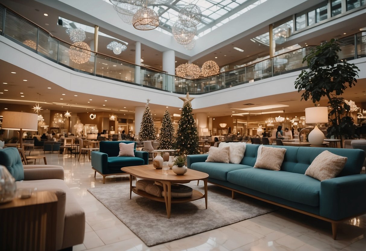 A bustling furniture mall with twinkling star-shaped decor, vibrant displays, and customers browsing through stylish living room sets