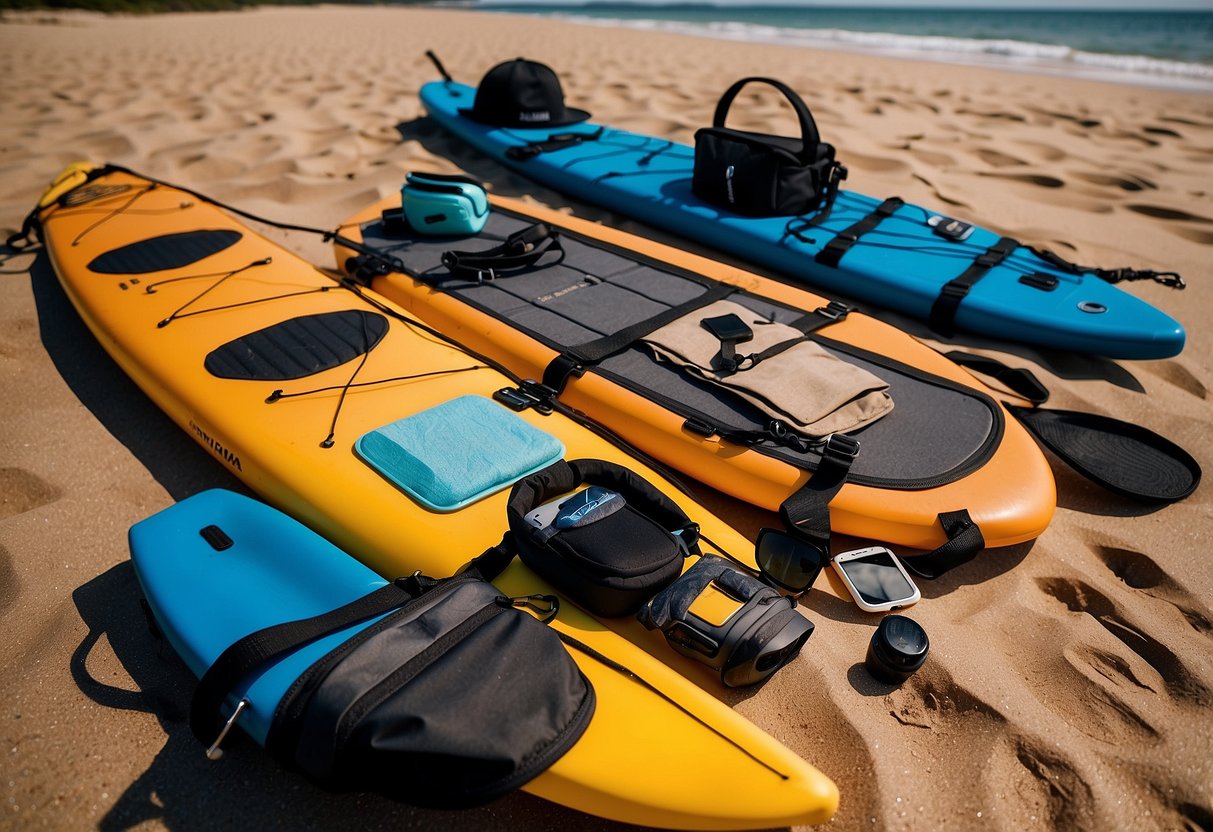 A stand-up paddleboard, paddle, life jacket, ankle leash, sunscreen, waterproof phone case, water bottle, dry bag, hat, and sunglasses laid out on a sandy beach