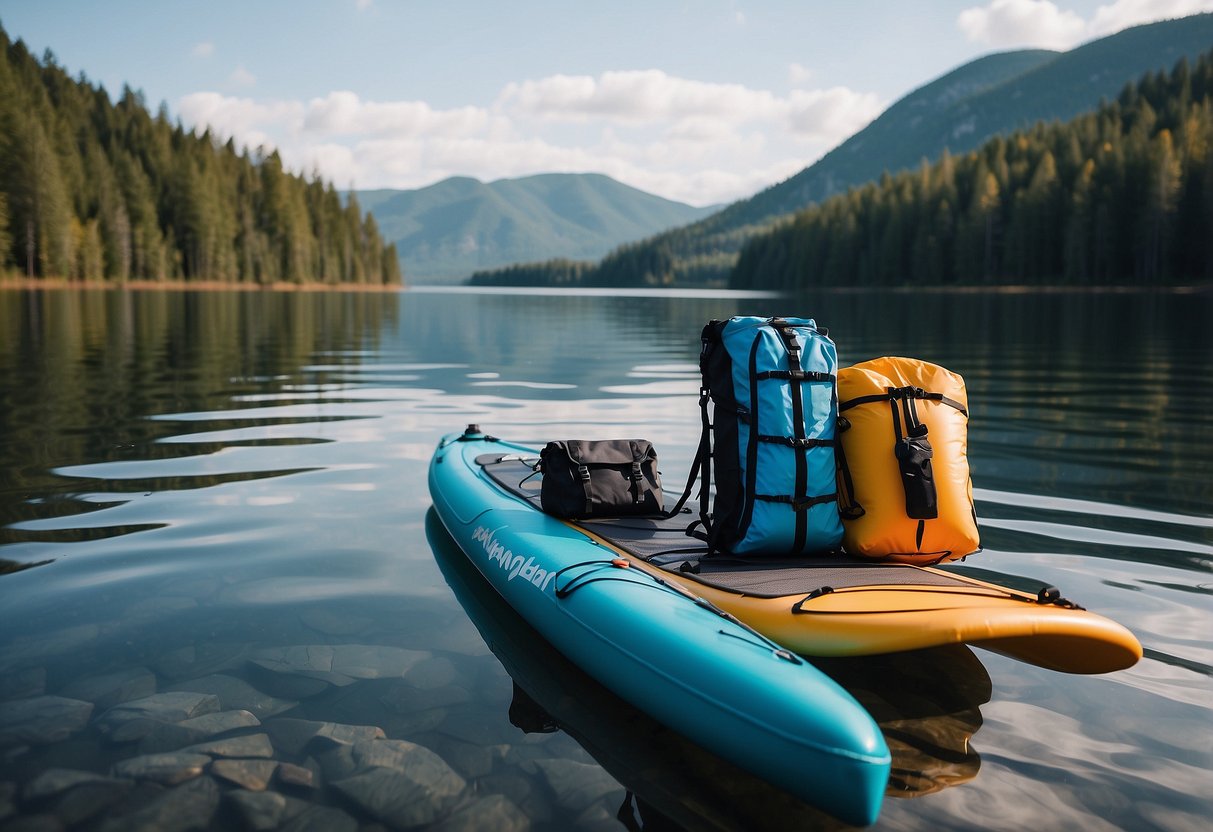 A calm lake with a bright blue inflatable paddleboard, surrounded by essential gear items such as a paddle, life jacket, and waterproof bag