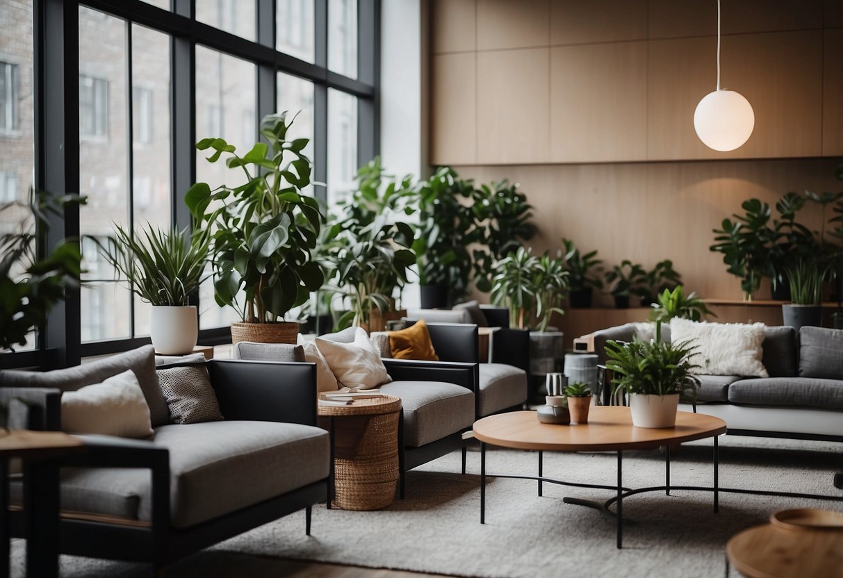 The office lounge is furnished with modern, sleek sofas and armchairs arranged around low coffee tables. The space is bright with large windows and potted plants, creating a relaxed and inviting atmosphere