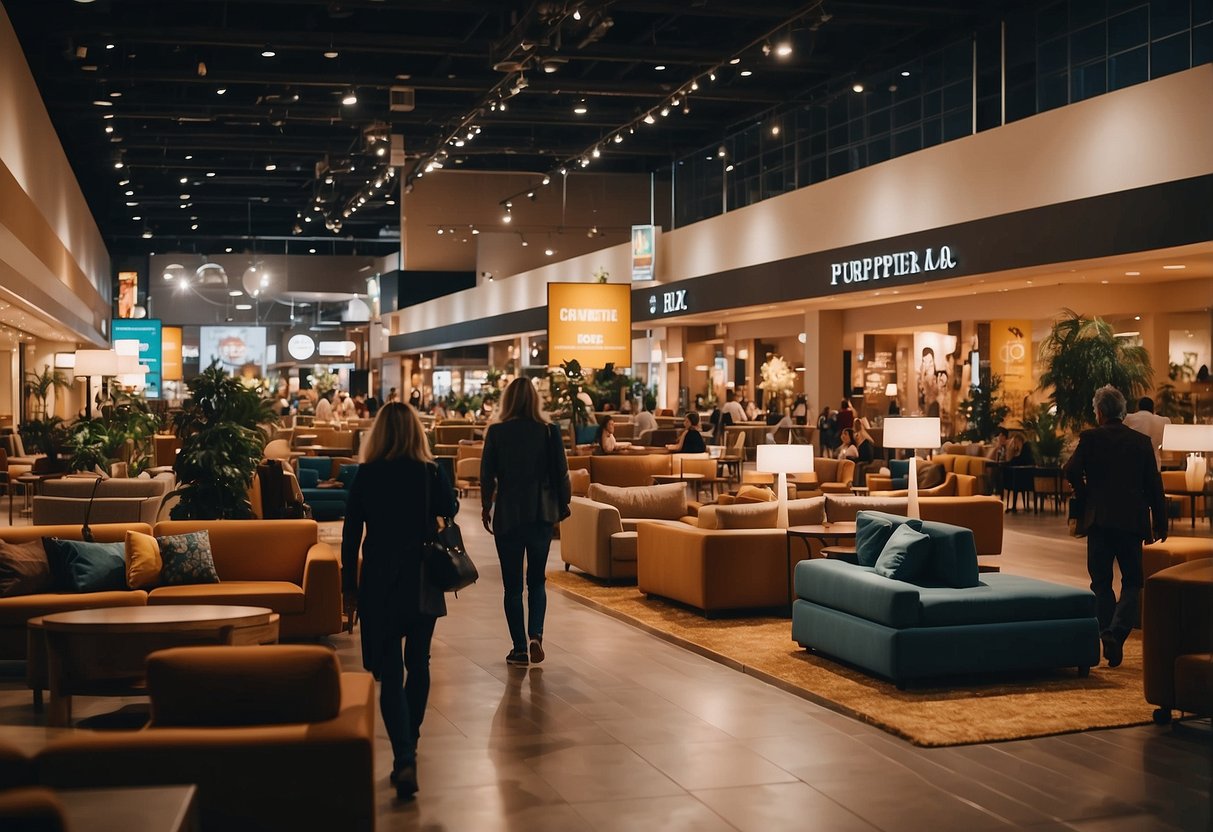 A bustling furniture mall with bright lights, colorful displays, and people browsing. Signs and banners promote sales and contact information