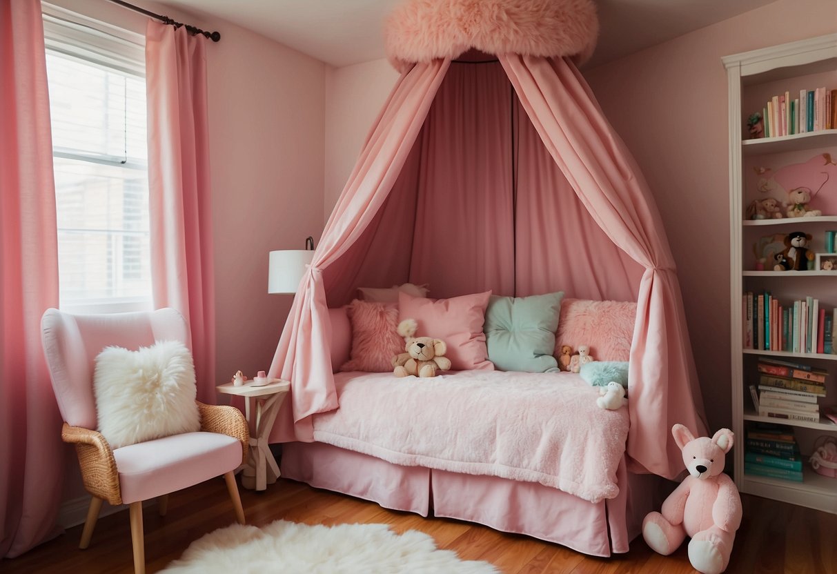 A pink canopy bed sits against a wall, surrounded by a fluffy rug, a small desk with a matching chair, and a bookshelf filled with colorful books and toys