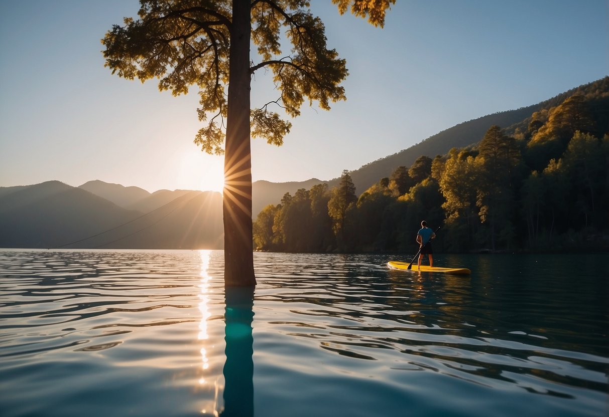 A stand-up paddleboard with an adjustable paddle lies on a calm, blue lake. The sun shines overhead, casting a warm glow on the water. Surrounding trees and mountains create a serene backdrop