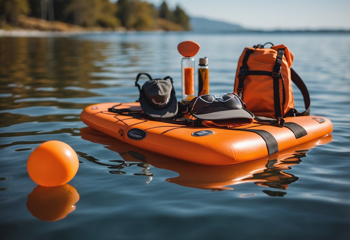 A bright orange personal flotation device floats on calm water next to a stand-up paddleboard, surrounded by other essential gear items such as a paddle, leash, and sunscreen